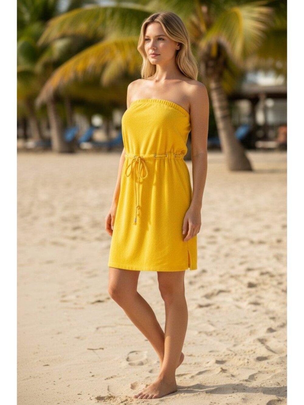 Beach Break Yellow Terry Cloth Strapless Cover-Up Dress XL With Rope Detail 34"